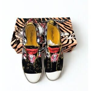 Ed Hardy Y2K Vintage Slip-On Sneakers 8 Black Skull Flames Canvas Shoes w/ Box